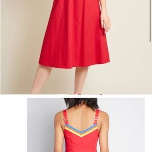 Red Sleeveless Midi Dress with Color-Trim Straps